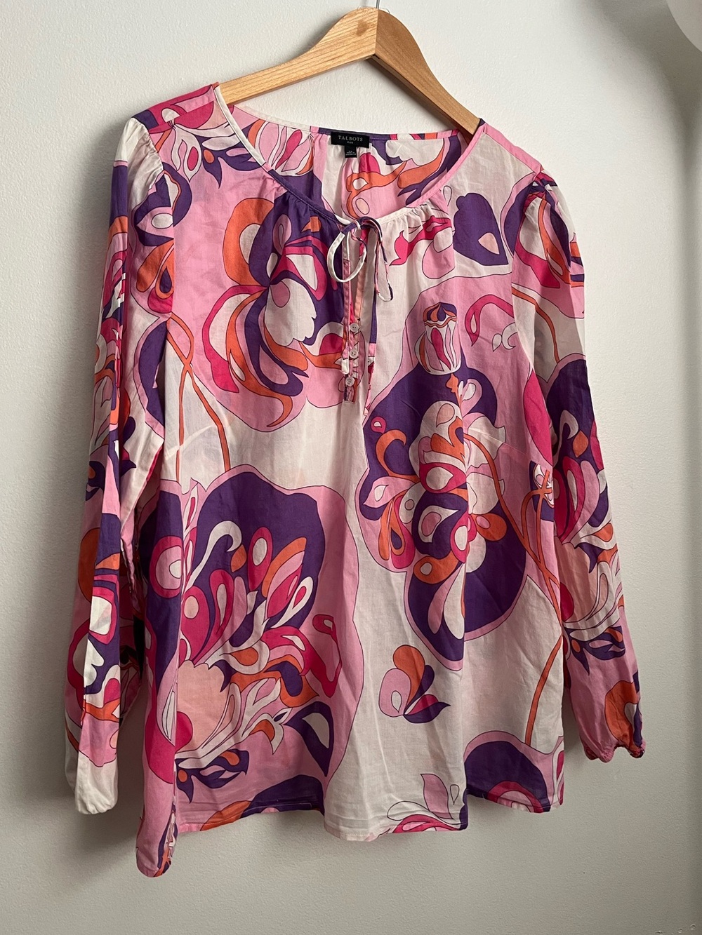 Talbots Gathered Tie Neck Top Abstract Floral Paisley Blouse 2X 70’s Boho - Picture 3 of 12
